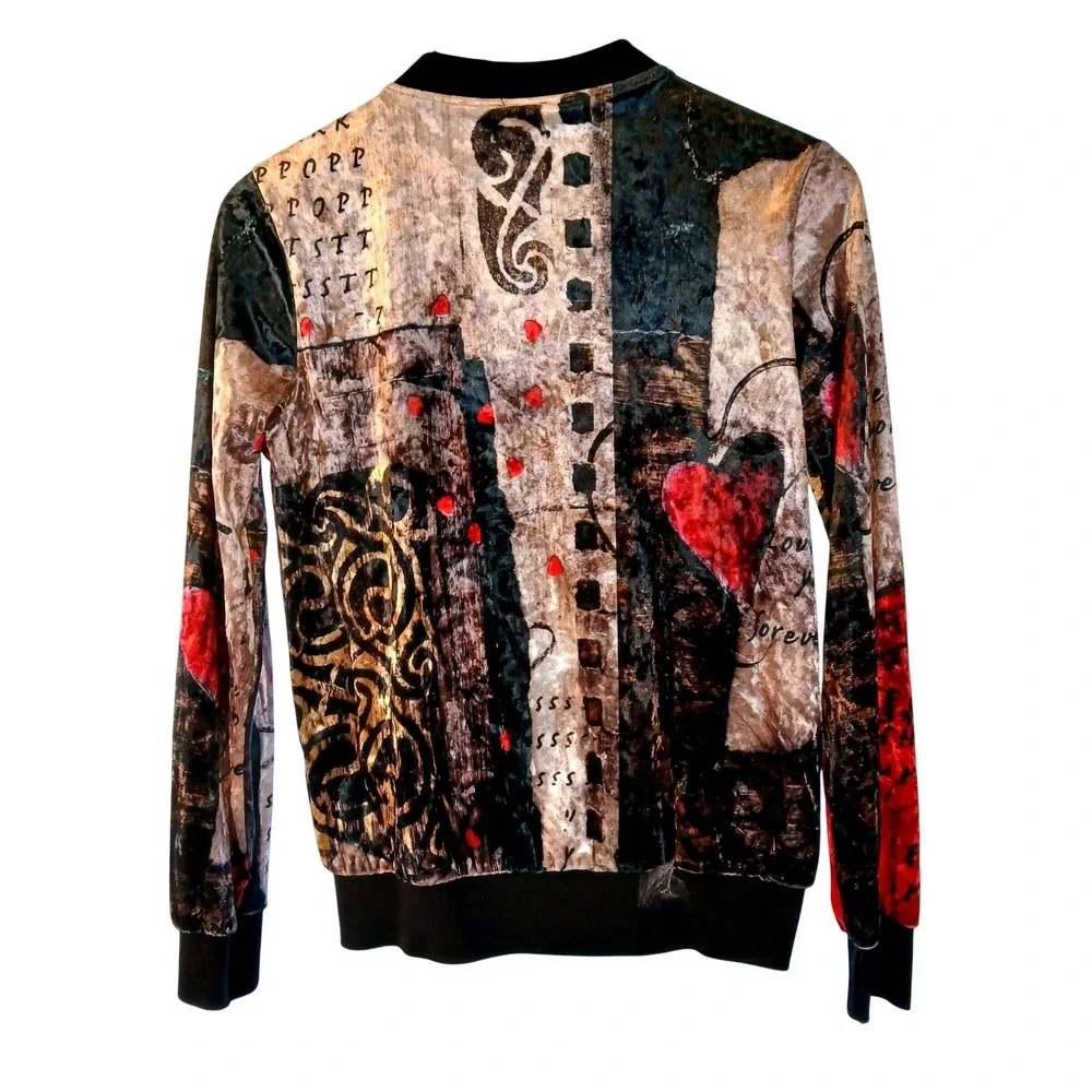 Art of Dolcezza Womens XS Abstract Art Velvet Bomber Jacket Full Zip Art to Wear